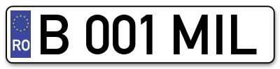 Placuta inmatriculare numar auto  B-001-MIL, B 001 MIL, B001MIL
