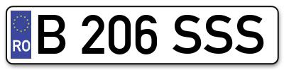 Placuta inmatriculare numar auto  B-206-SSS, B 206 SSS, B206SSS