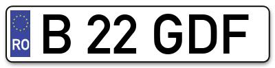 Placuta inmatriculare numar auto  B-22-GDF, B 22 GDF, B22GDF