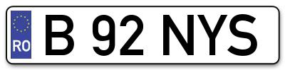 Placuta inmatriculare numar auto  B-92-NYS, B 92 NYS, B92NYS