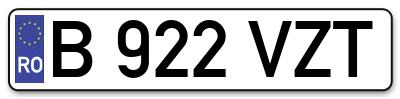 Placuta inmatriculare numar auto  B-922-VZT, B 922 VZT, B922VZT