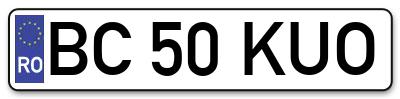 Placuta inmatriculare numar auto  BC-50-KUO, BC 50 KUO, BC50KUO