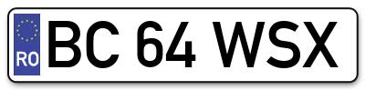 Placuta inmatriculare numar auto  BC-64-WSX, BC 64 WSX, BC64WSX