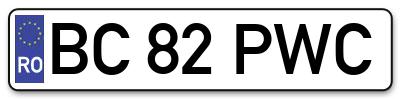 Placuta inmatriculare numar auto  BC-82-PWC, BC 82 PWC, BC82PWC