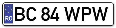 Placuta inmatriculare numar auto  BC-84-WPW, BC 84 WPW, BC84WPW