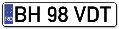 Placuta inmatriculare numar auto  BH-98-VDT, BH 98 VDT, BH98VDT