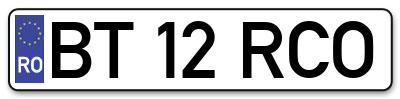 Placuta inmatriculare numar auto  BT-12-RCO, BT 12 RCO, BT12RCO