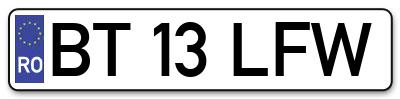 Placuta inmatriculare numar auto  BT-13-LFW, BT 13 LFW, BT13LFW
