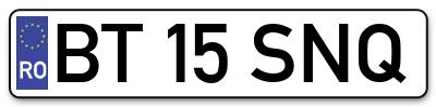 Placuta inmatriculare numar auto  BT-15-SNQ, BT 15 SNQ, BT15SNQ