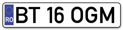 Placuta inmatriculare numar auto  BT-16-OGM, BT 16 OGM, BT16OGM