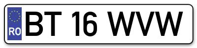 Placuta inmatriculare numar auto  BT-16-WVW, BT 16 WVW, BT16WVW