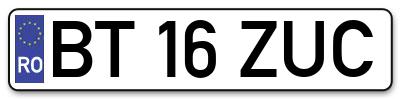 Placuta inmatriculare numar auto  BT-16-ZUC, BT 16 ZUC, BT16ZUC