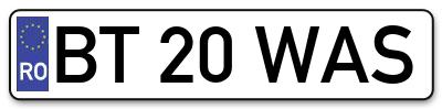 Placuta inmatriculare numar auto  BT-20-WAS, BT 20 WAS, BT20WAS