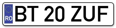 Placuta inmatriculare numar auto  BT-20-ZUF, BT 20 ZUF, BT20ZUF