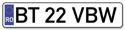 Placuta inmatriculare numar auto  BT-22-VBW, BT 22 VBW, BT22VBW