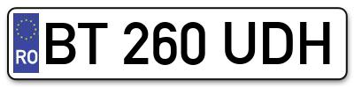 Placuta inmatriculare numar auto  BT-260-UDH, BT 260 UDH, BT260UDH