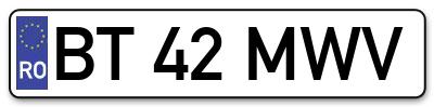 Placuta inmatriculare numar auto  BT-42-MWV, BT 42 MWV, BT42MWV