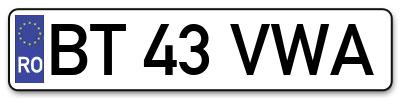 Placuta inmatriculare numar auto  BT-43-VWA, BT 43 VWA, BT43VWA
