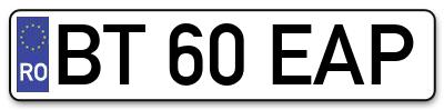 Placuta inmatriculare numar auto  BT-60-EAP, BT 60 EAP, BT60EAP
