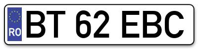 Placuta inmatriculare numar auto  BT-62-EBC, BT 62 EBC, BT62EBC