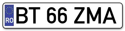 Placuta inmatriculare numar auto  BT-66-ZMA, BT 66 ZMA, BT66ZMA