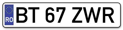 Placuta inmatriculare numar auto  BT-67-ZWR, BT 67 ZWR, BT67ZWR