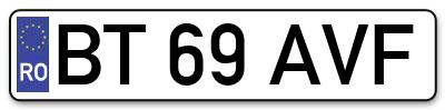 Placuta inmatriculare numar auto  BT-69-AVF, BT 69 AVF, BT69AVF