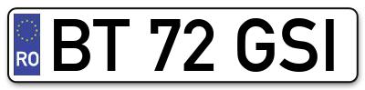 Placuta inmatriculare numar auto  BT-72-GSI, BT 72 GSI, BT72GSI