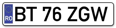 Placuta inmatriculare numar auto  BT-76-ZGW, BT 76 ZGW, BT76ZGW