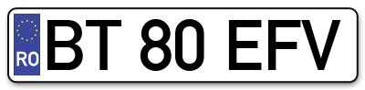 Placuta inmatriculare numar auto  BT-80-EFV, BT 80 EFV, BT80EFV
