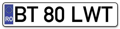 Placuta inmatriculare numar auto  BT-80-LWT, BT 80 LWT, BT80LWT