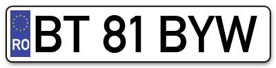 Placuta inmatriculare numar auto  BT-81-BYW, BT 81 BYW, BT81BYW