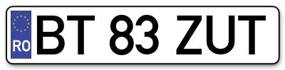 Placuta inmatriculare numar auto  BT-83-ZUT, BT 83 ZUT, BT83ZUT