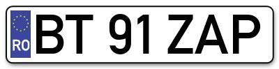 Placuta inmatriculare numar auto  BT-91-ZAP, BT 91 ZAP, BT91ZAP