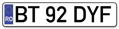 Placuta inmatriculare numar auto  BT-92-DYF, BT 92 DYF, BT92DYF