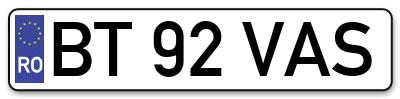 Placuta inmatriculare numar auto  BT-92-VAS, BT 92 VAS, BT92VAS