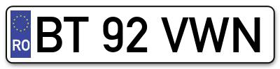Placuta inmatriculare numar auto  BT-92-VWN, BT 92 VWN, BT92VWN