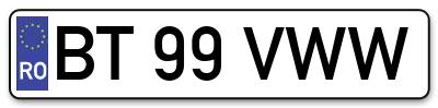 Placuta inmatriculare numar auto  BT-99-VWW, BT 99 VWW, BT99VWW