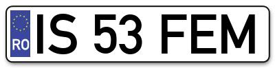 Placuta inmatriculare numar auto  IS-53-FEM, IS 53 FEM, IS53FEM