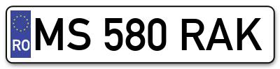 Placuta inmatriculare numar auto  MS-580-RAK, MS 580 RAK, MS580RAK
