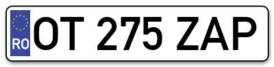 Placuta inmatriculare numar auto  OT-275-ZAP, OT 275 ZAP, OT275ZAP