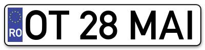 Placuta inmatriculare numar auto  OT-28-MAI, OT 28 MAI, OT28MAI