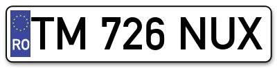 Placuta inmatriculare numar auto  TM-726-NUX, TM 726 NUX, TM726NUX