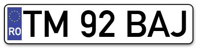 Placuta inmatriculare numar auto  TM-92-BAJ, TM 92 BAJ, TM92BAJ