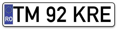 Placuta inmatriculare numar auto  TM-92-KRE, TM 92 KRE, TM92KRE