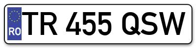 Placuta inmatriculare numar auto  TR-455-QSW, TR 455 QSW, TR455QSW