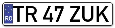 Placuta inmatriculare numar auto  TR-47-ZUK, TR 47 ZUK, TR47ZUK