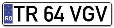 Placuta inmatriculare numar auto  TR-64-VGV, TR 64 VGV, TR64VGV