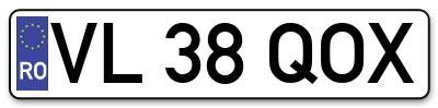 Placuta inmatriculare numar auto  VL-38-QOX, VL 38 QOX, VL38QOX