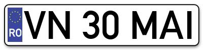 Placuta inmatriculare numar auto  VN-30-MAI, VN 30 MAI, VN30MAI